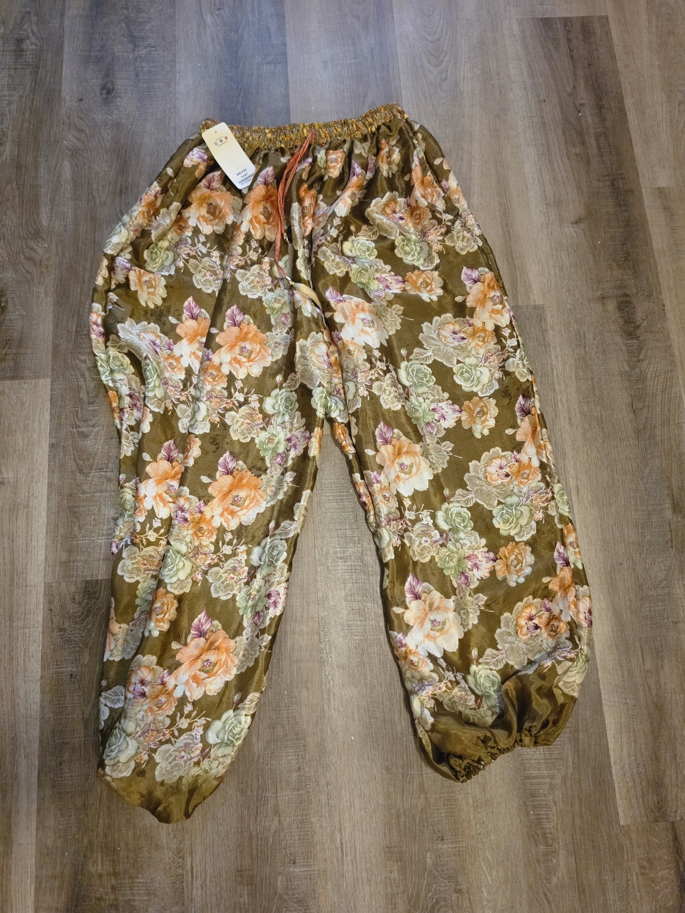Women's Olive Floral Elastic-Waist Harem Pants- Silk OS